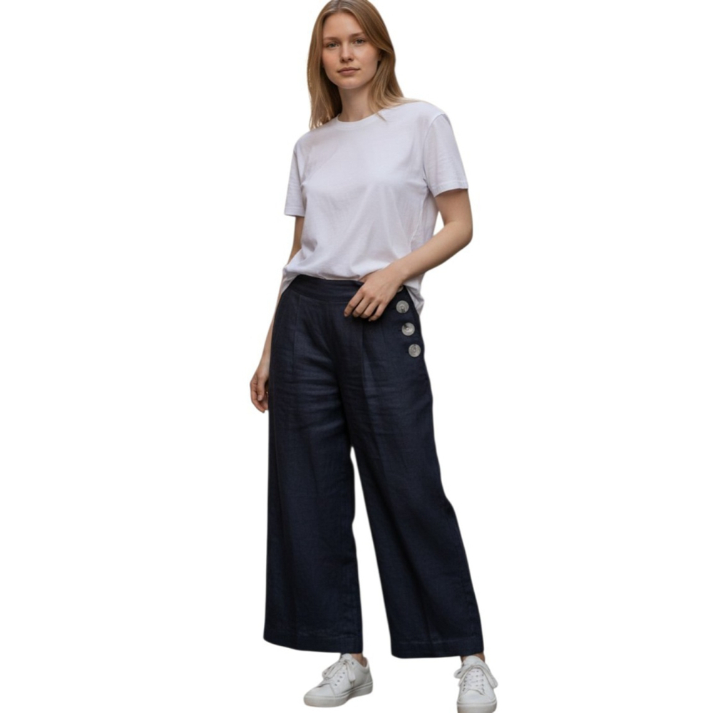 Vince Camuto Large Button Pleated Slit Ankle Black Linen Wide-Leg Pants Size 8